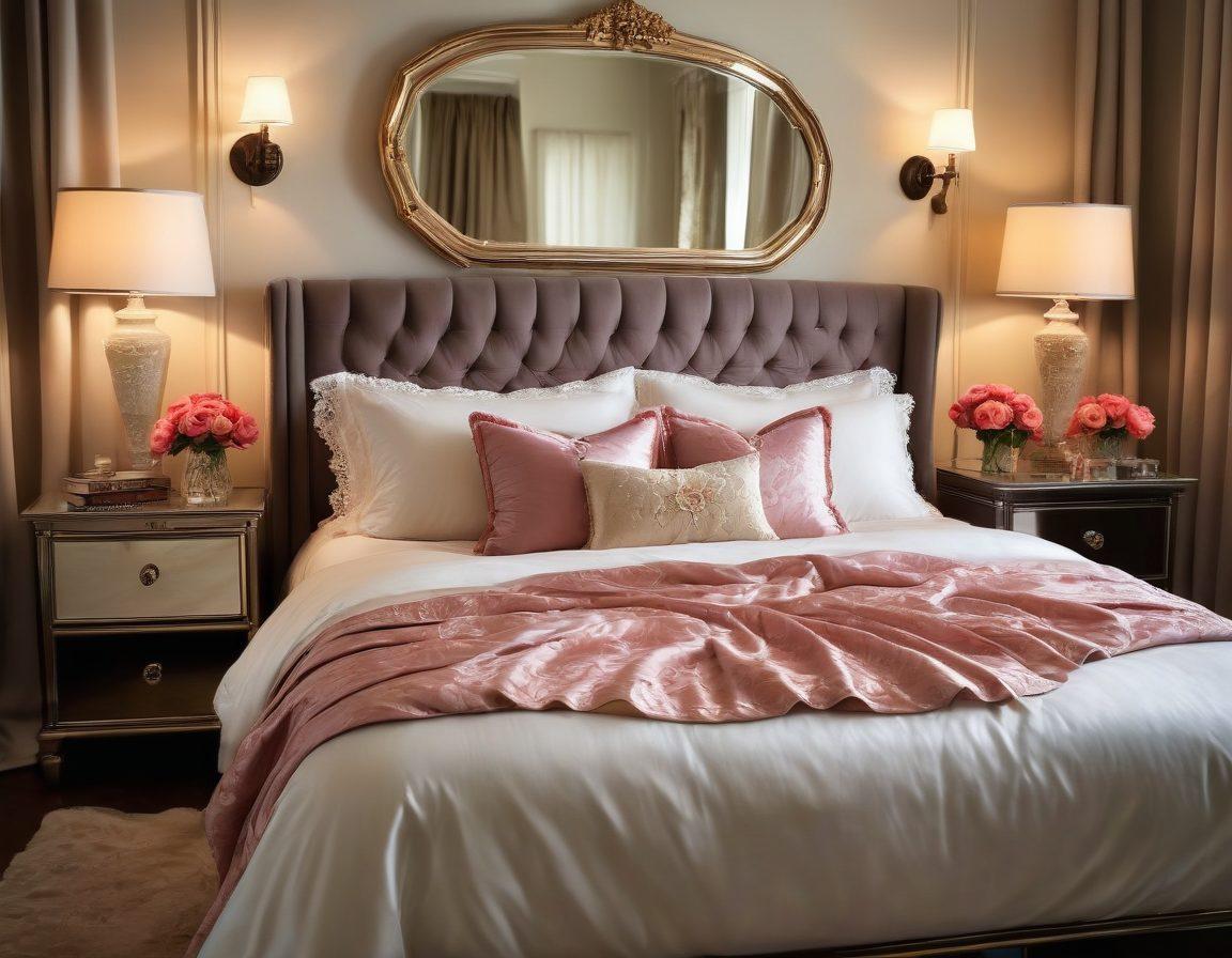 A luxurious bedroom scene featuring an elegant display of diverse lingerie styles, including statement pieces and everyday options, arranged artfully on silk sheets. Soft lighting casts a warm glow that enhances the rich textures and colors of the fabrics. A vintage mirror reflects the beauty of the lingerie while delicate floral accents add a touch of femininity. Stylish accessories, like lace-trimmed robes and plush cushions, complete the ambiance. super-realistic. vibrant colors. soft focus.